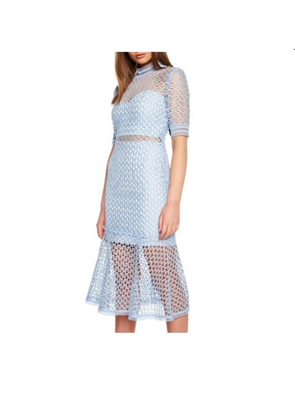 Bardot Pale Blue Lace Midi Dress with Sheer Insets